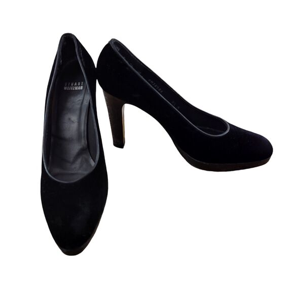 Stuart Weitzman Platform Pumps Size 8 1/2 N Black Velvet Fux Croc 4" Heel - Picture 1 of 11